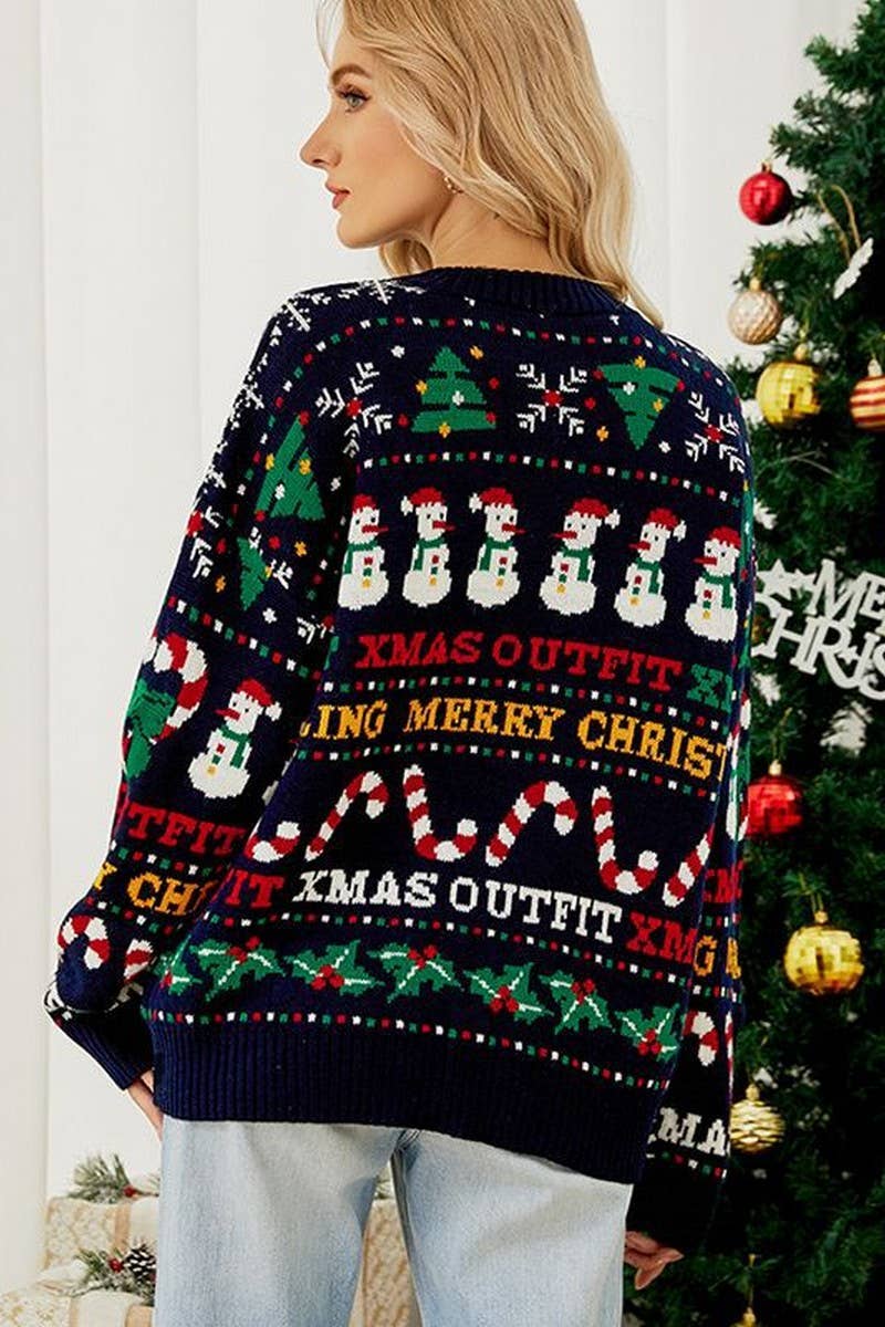 CWOSWL2431_CHRISTMAS TREE SNOWMAN SEQUINED CHRISTMAS SWEATER