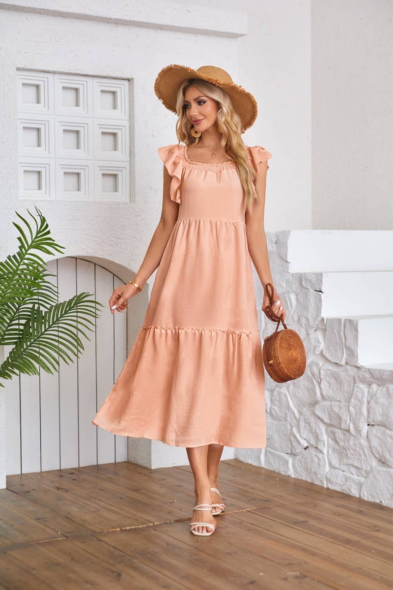 Fly-sleeve square neck off-the-shoulder dress