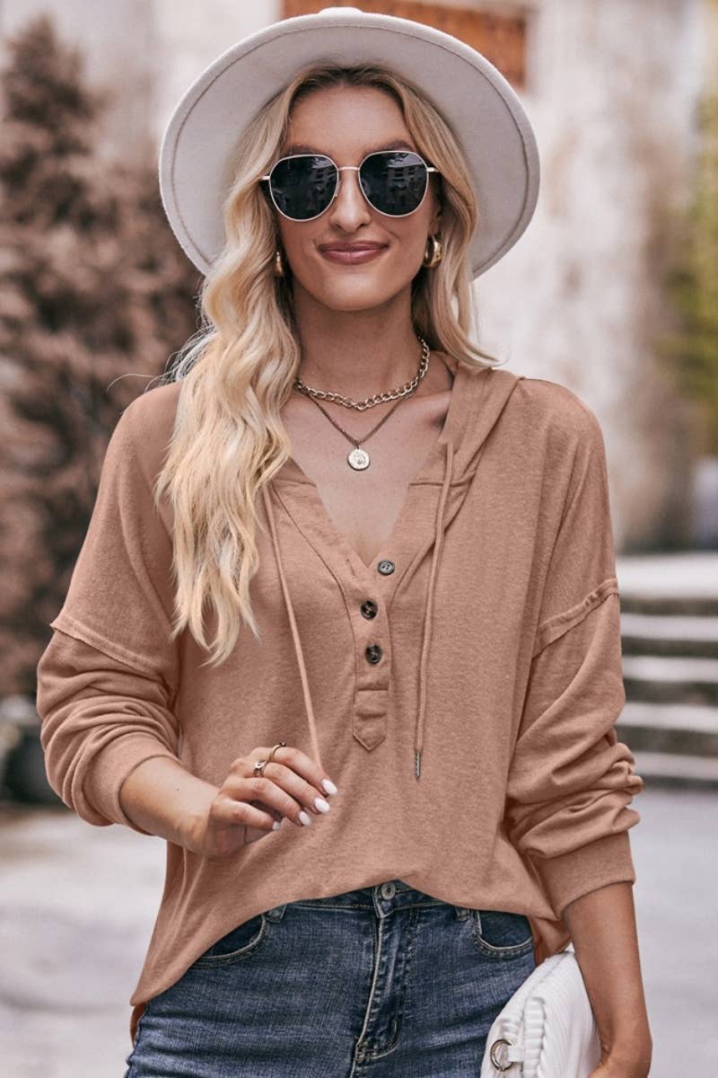 CWTBLL2714_V-NECK BUTTON-UP LONG-SLEEVED HOODED TOP