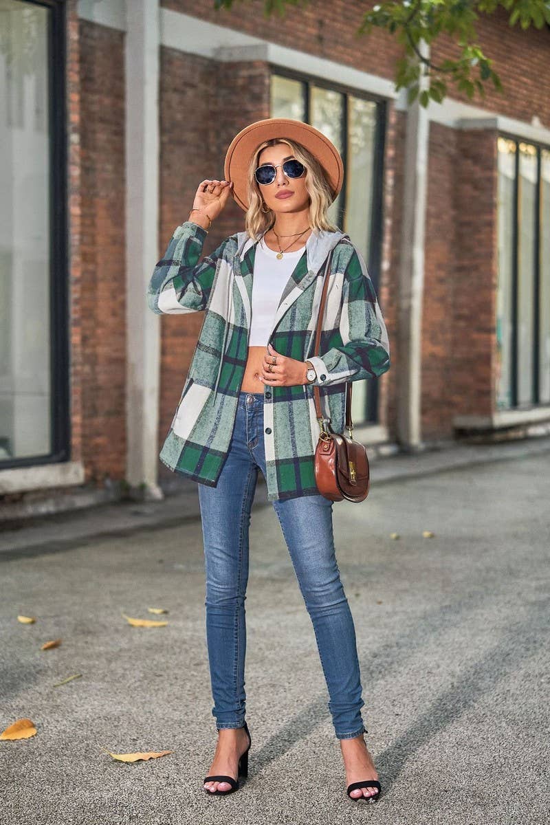 CWOCO1102_CASUAL LOOSE MID-LENGTH PLAID HOODED COAT