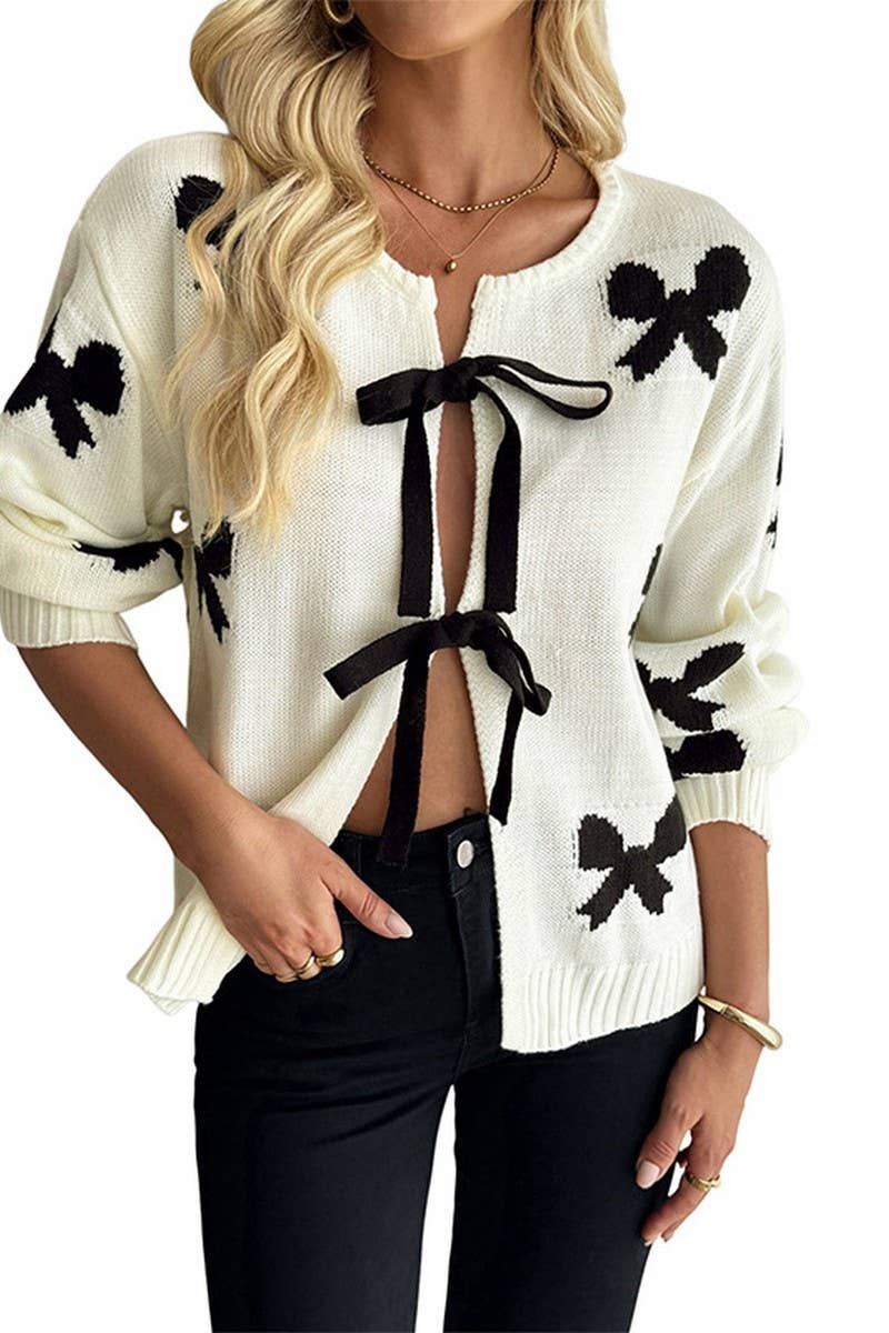 CWOCAL2318_WOMEN'S TIE FRONT BOW KNIT CARDIGAN SWEATER