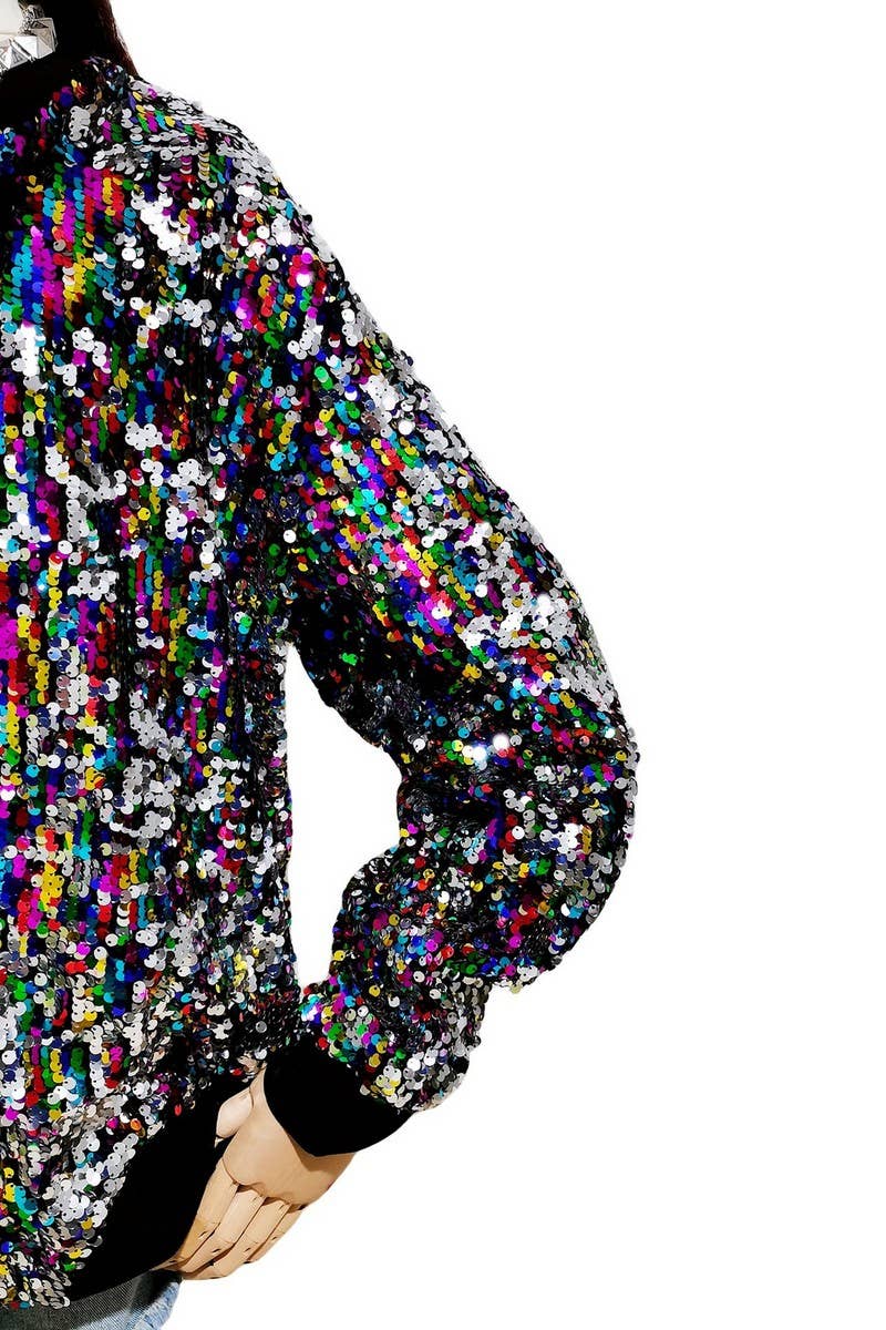 CWOCO1132_COLORFUL SEQUIN ZIPPER BASEBALL JACKET