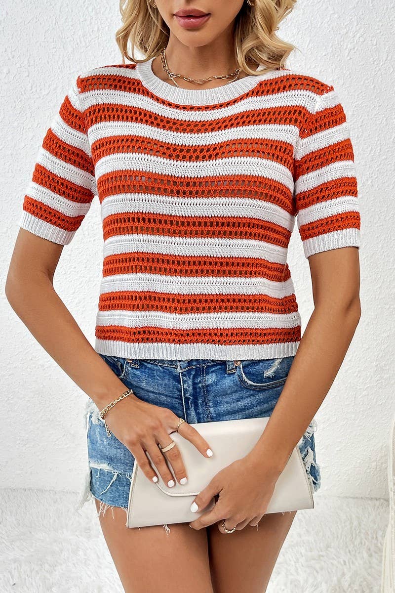 CWOSWS0043_Round Neck Short Sleeve Striped Knit Sweater