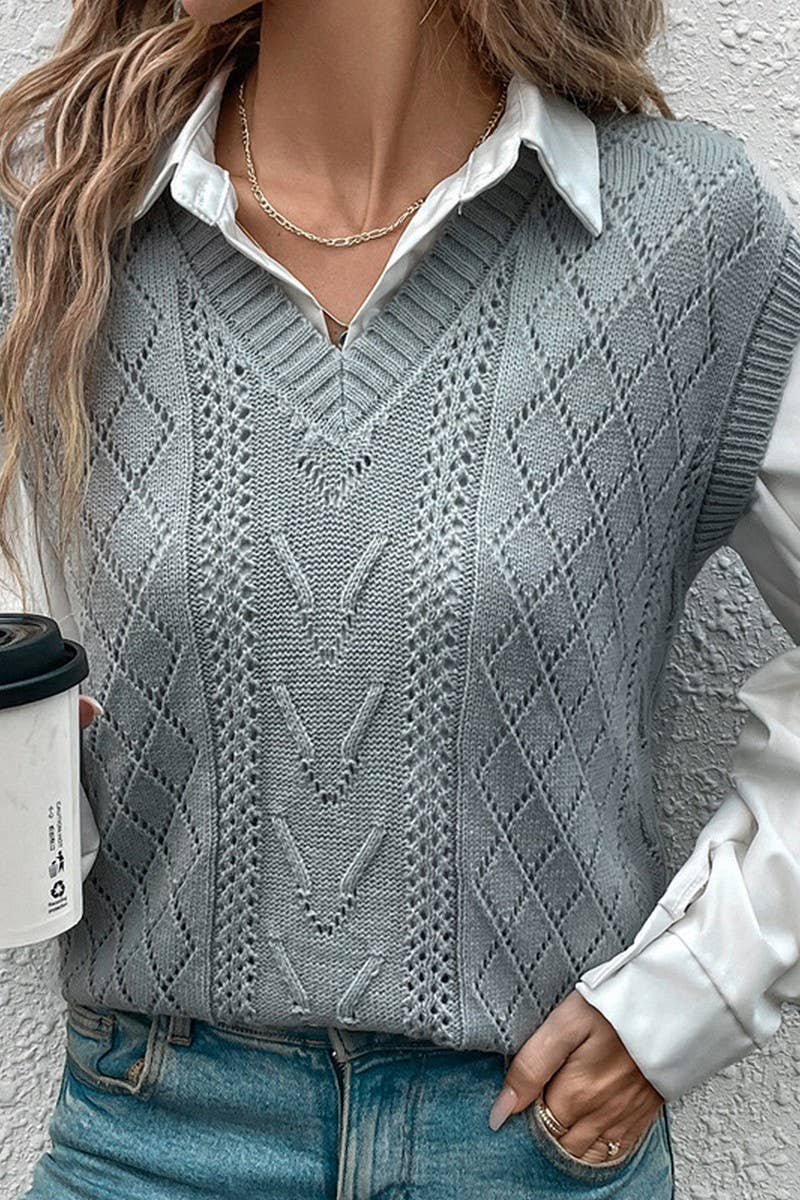 CWOV0409_CABLE V-NECK SOLID COLOR SWEATER VEST