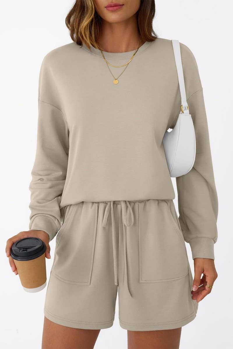 CWSTB00405_CREW NECK LONG SLEEVE SHORTS TWO-PIECE HOODIE SET