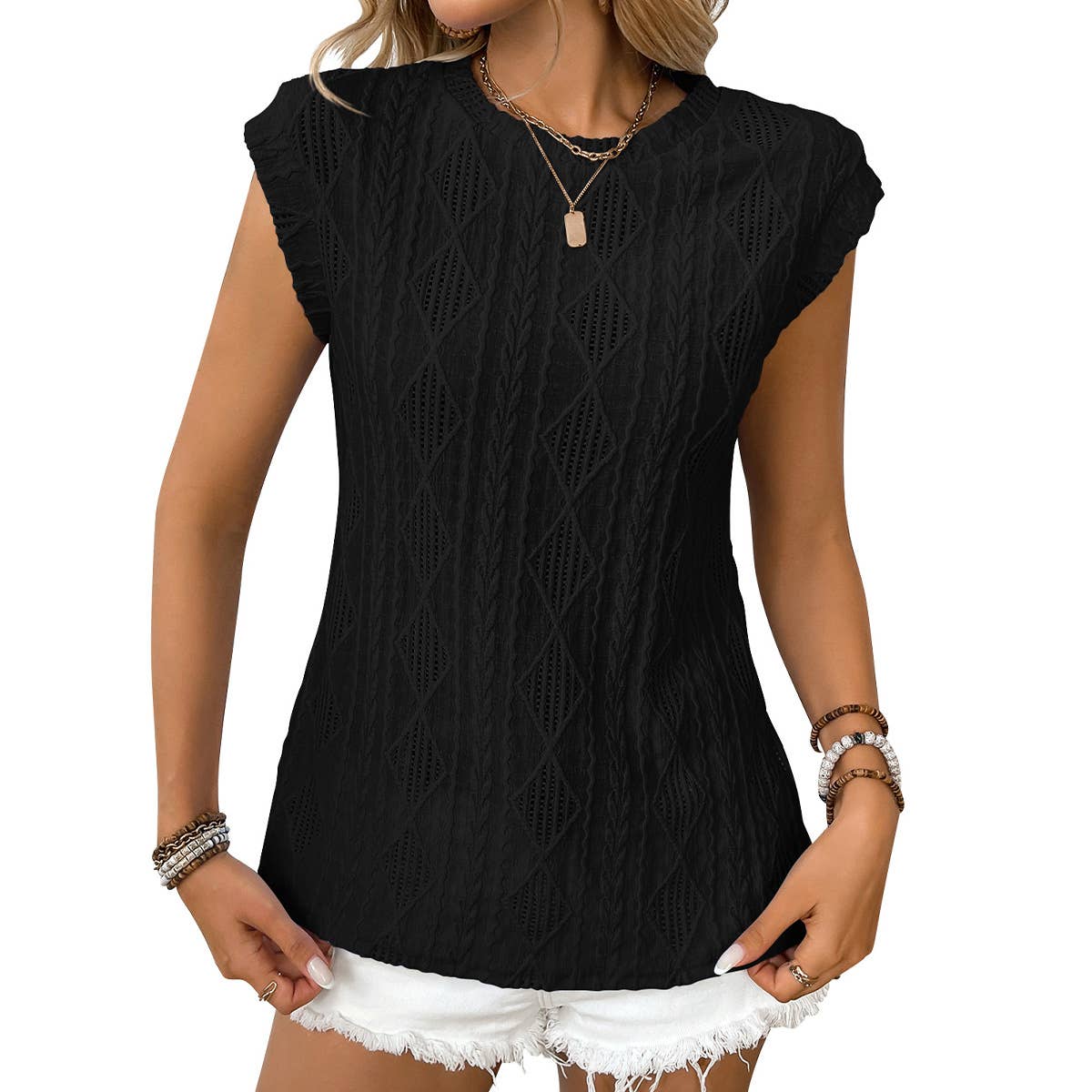 Crew-neck jacquard short sleeve baggy tank top