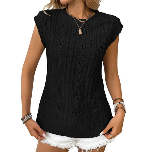 Crew-neck jacquard short sleeve baggy tank top