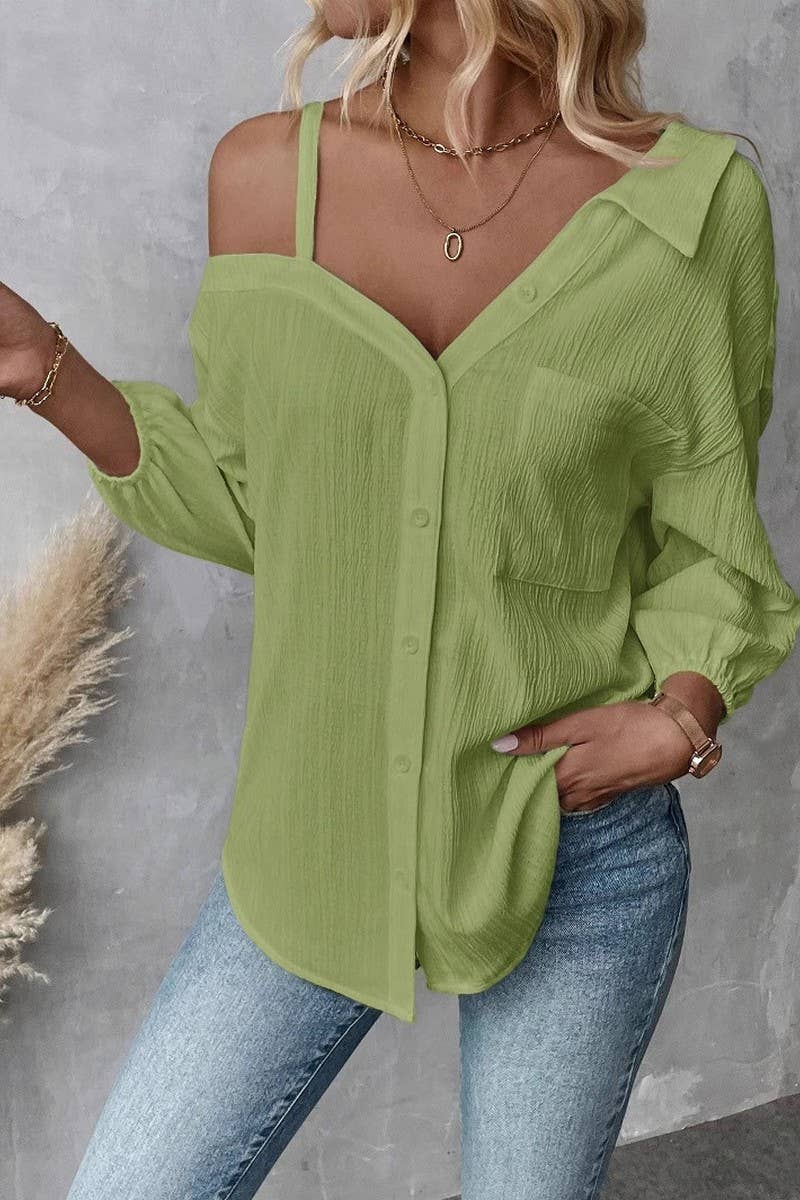CWTSTL2794_LAPEL OFF-SHOULDER TEXTURED SINGLE-BREASTED SHIRT