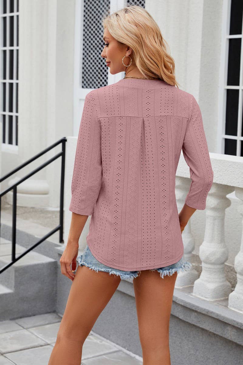 CWTBLL1872_SOLID COLOR V-NECK THREE-QUARTER SLEEVE LOOSE TOP