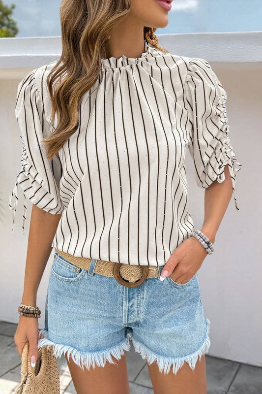 CWTBLS1992_GATHERED PULLOVER CASUAL DRAWSTRING STRIPED SHIRT