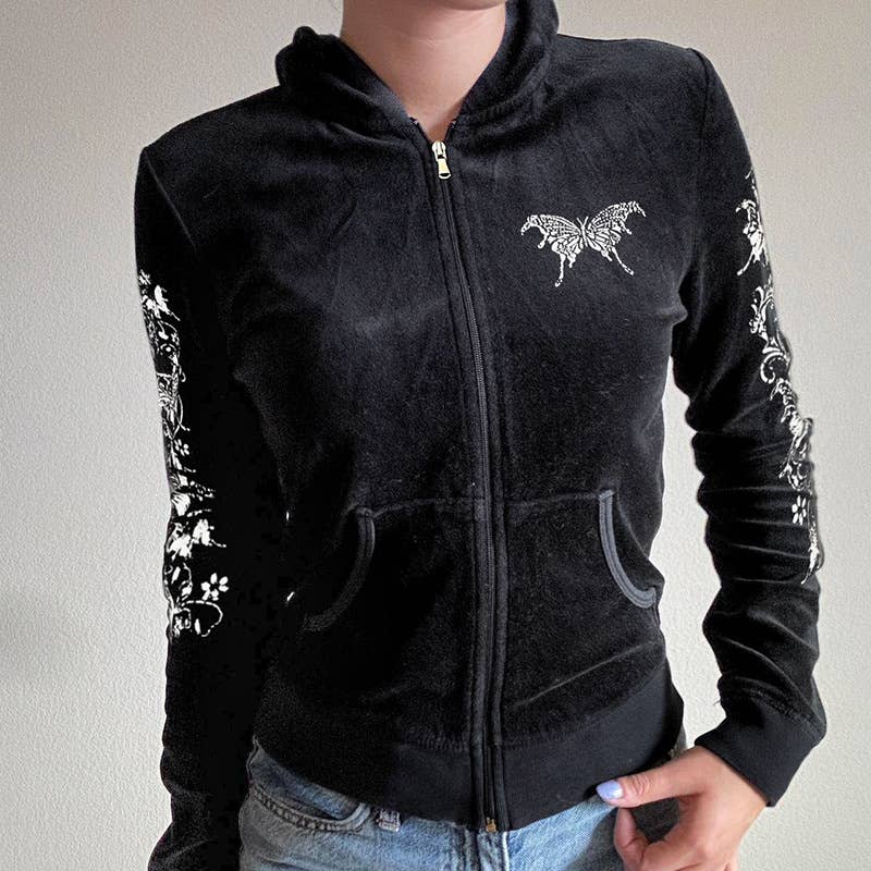 DARK WIND BUTTERFLY PRINT ZIPPER HOODED JACKET