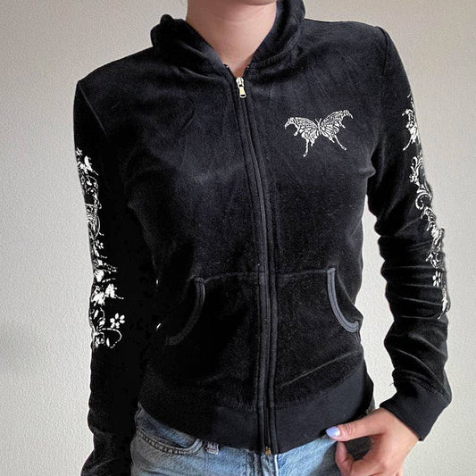 DARK WIND BUTTERFLY PRINT ZIPPER HOODED JACKET