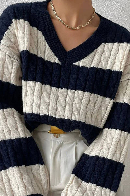 CWOSWL5806_V-NECK BRAIDED STRIPED CONTRAST SWEATER