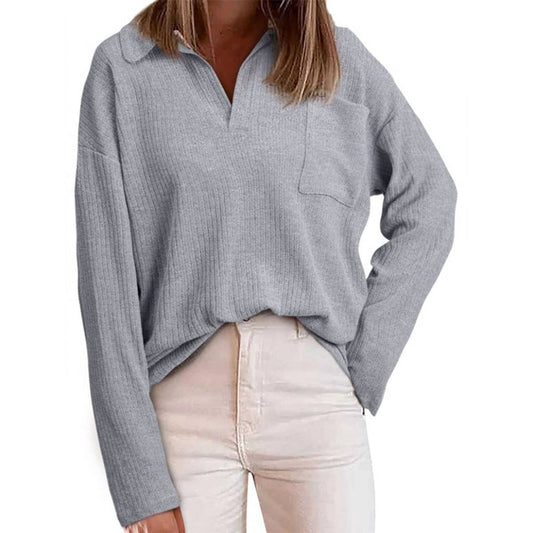 CASUAL BAGGY SOLID COLOR LAPEL POCKET SWEATER