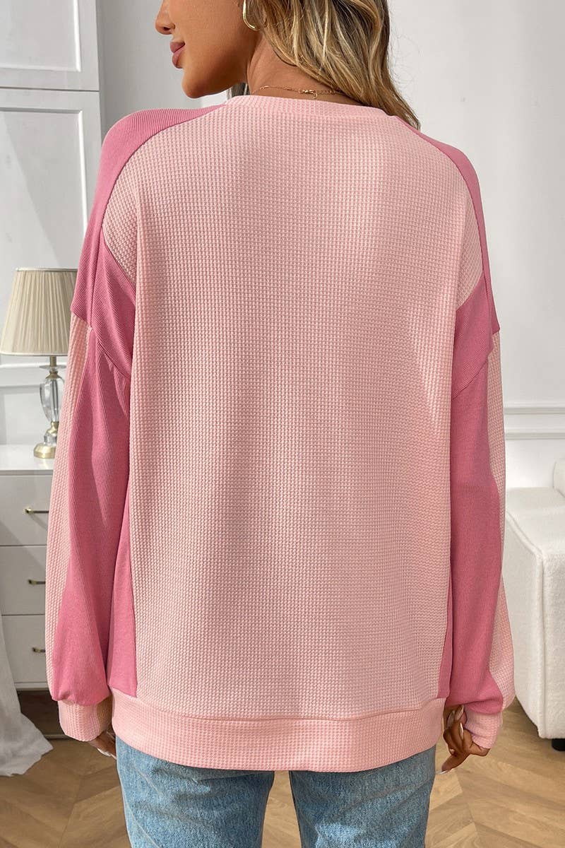 CWTBLL00833_COLORBLOCK CREWNECK WAFFLE KNIT LOOSE TOP