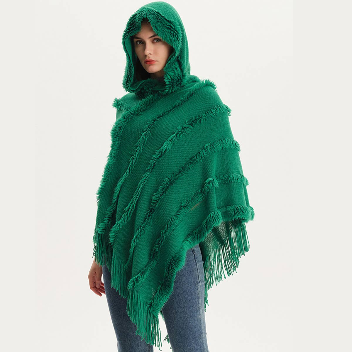 HOODED CAPE WITH FRINGED HEM SCARVES