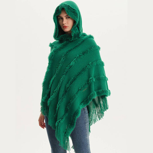 HOODED CAPE WITH FRINGED HEM SCARVES
