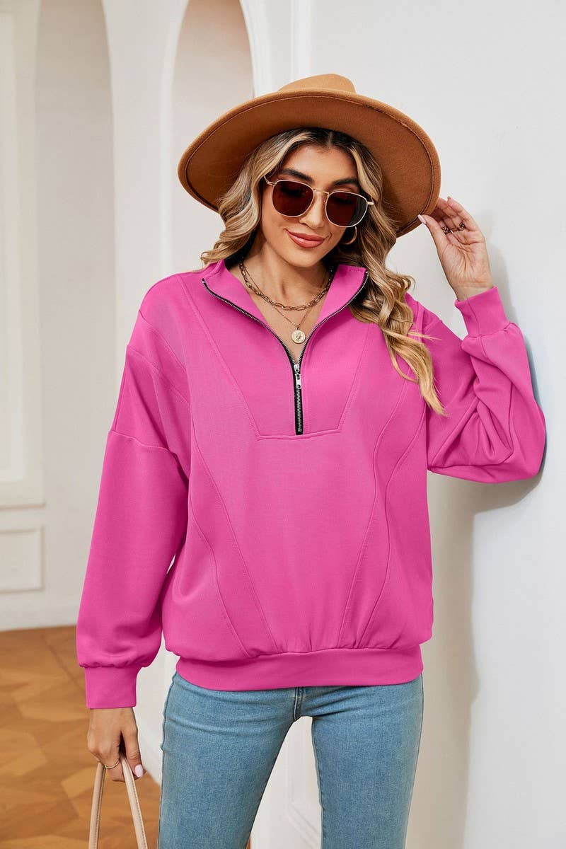 CWTBLL2399_ZIPPERED STAND COLLAR POCKET CASUAL SWEATSHIRT