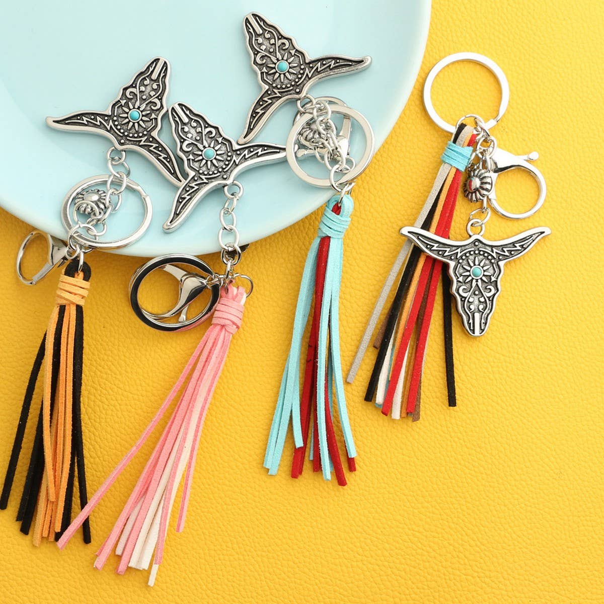 Boho Western Bull Head Keychain with Vintage Charm_CWAB5085