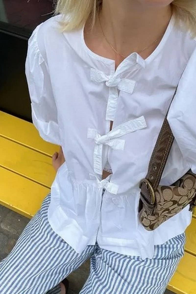 CWTBLL00717_SOLID COLOR PUFF SLEEVE PRINT LACE-UP SHIRT