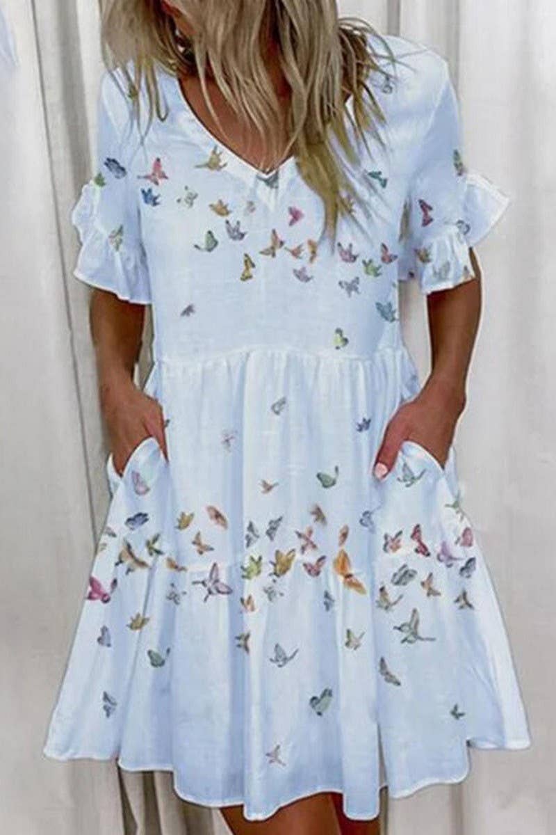 CWDSD8672_FASHION SHORT PRINTED RUFFLE POCKET DRESS