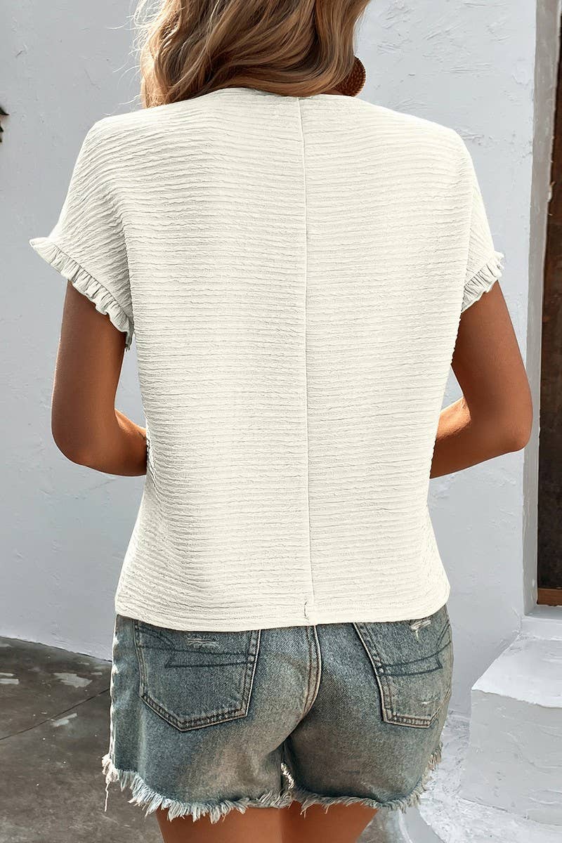 CWTBLS2327_SOLID RUCHED CREW NECK CASUAL TEE