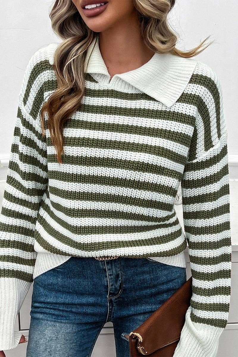 CWOSWL6817_CASUAL LOOSE LAPEL STRIPED LONG SLEEVE SWEATER