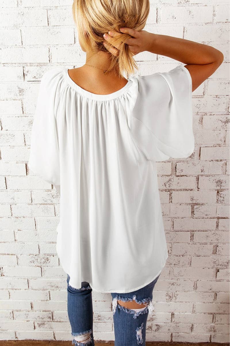 CWTBLS1247_LOOSE FIVE-QUARTER SLEEVE V-NECK PULLOVER TOP