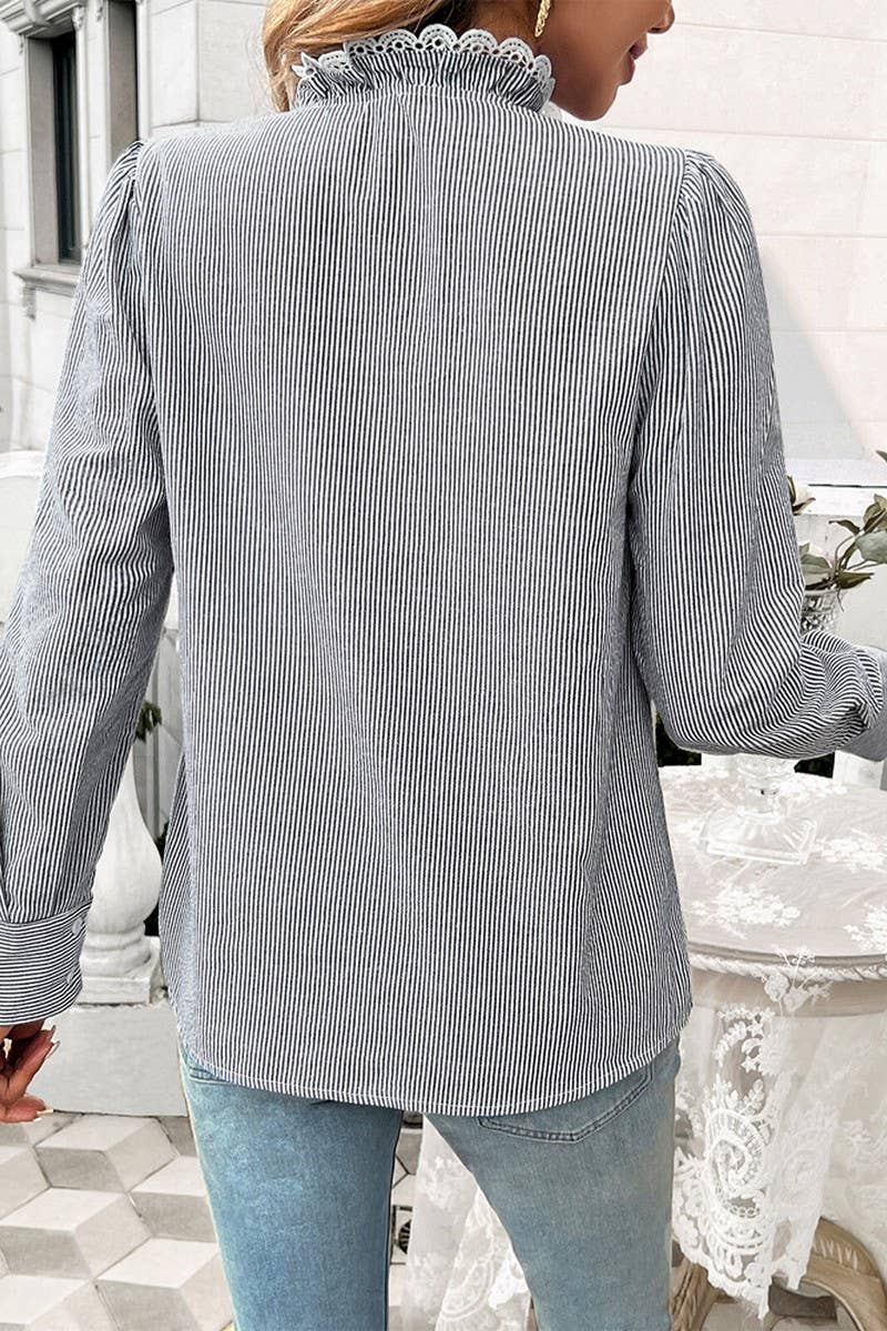 CWTSTL1211_TEMPERAMENT STRIPED LACE LONG-SLEEVED SHIRT