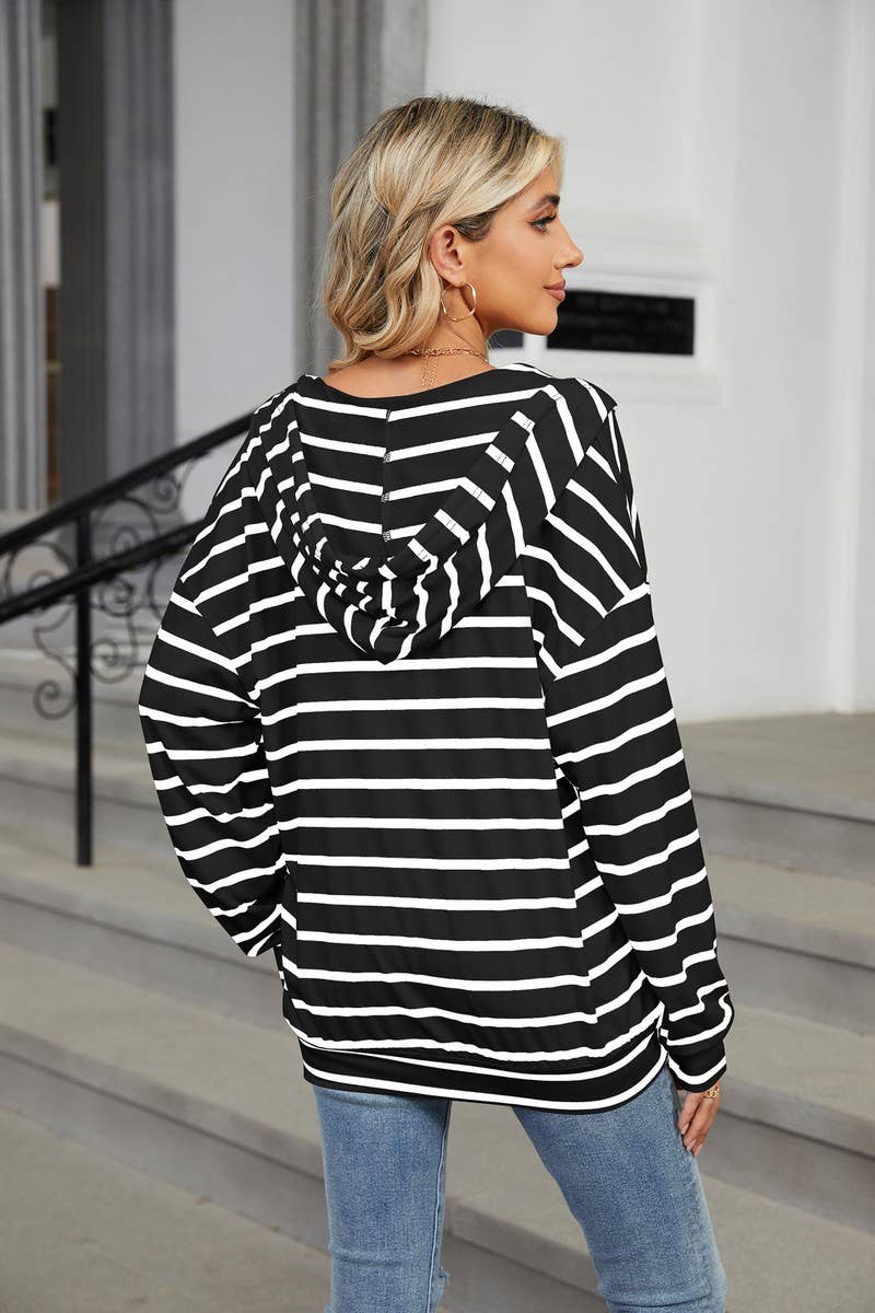CWOHOL0718_DRAWSTRING HOODED STRIPED LONG SLEEVE SWEATSHIRT