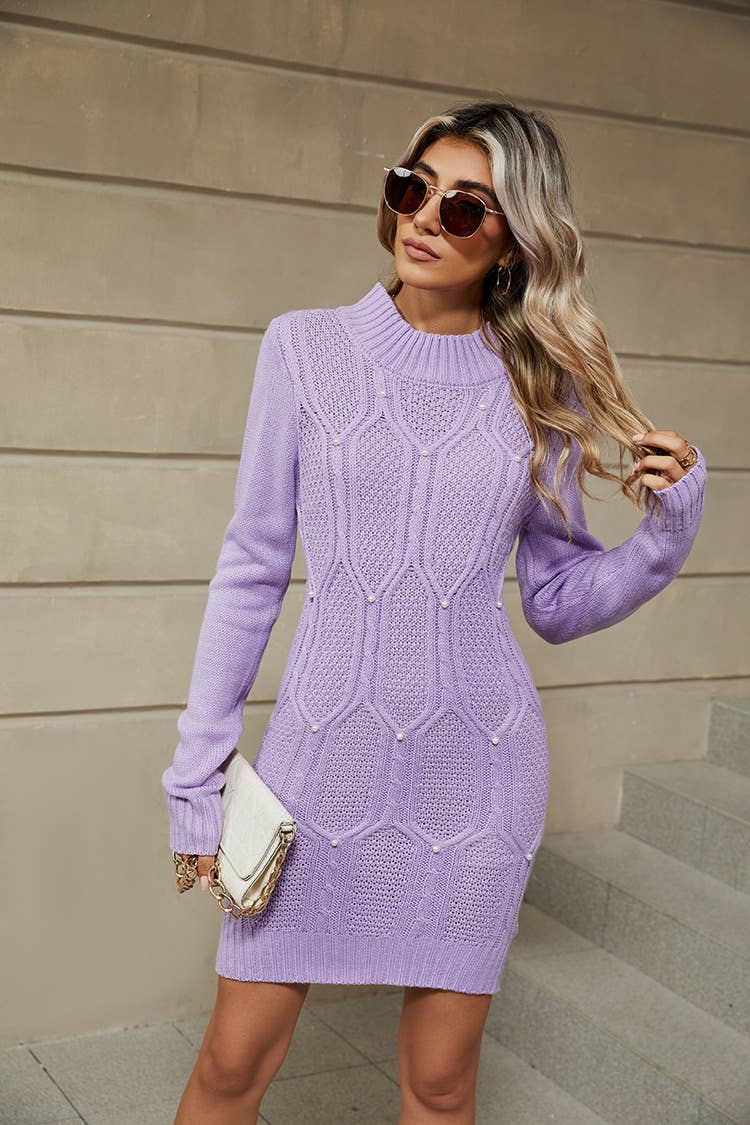 BEADED LONG SLEEVE SWEATER DRESS WITH HIP WRAP