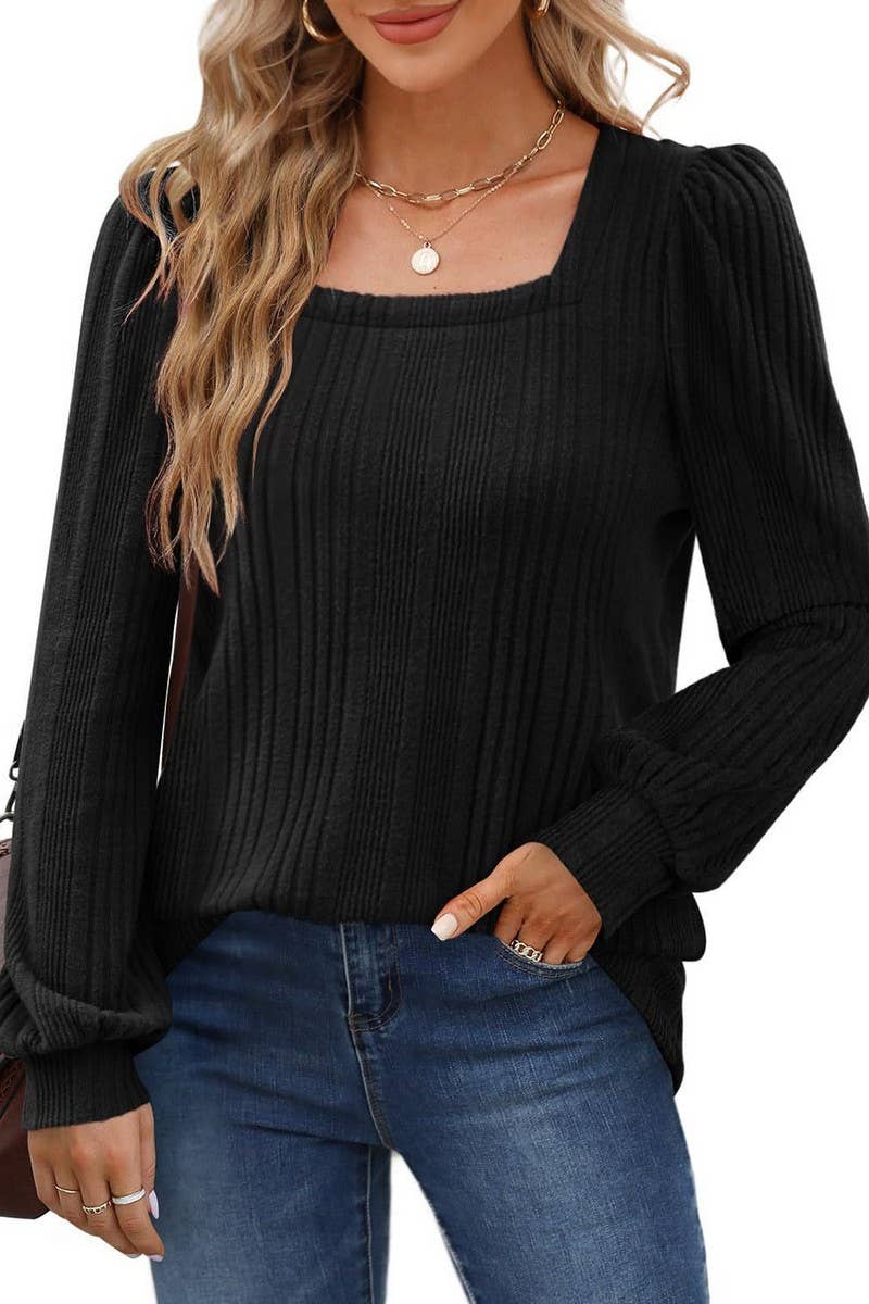 CWTBLL01084_RIBBED SQUARE NECK CASUAL LONG SLEEVE TOP