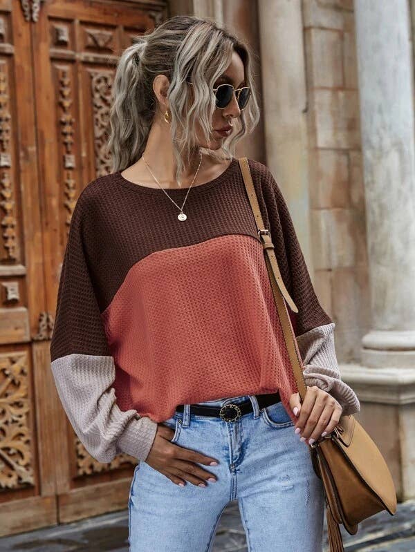 COLOR CONTRAST PATCHWORK LONG-SLEEVED CASUAL TOP