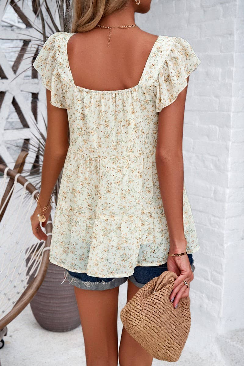 CWTBLSL0056_Squre Neck Floral Ruffle Sleeve Top