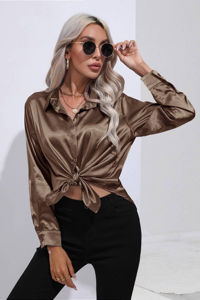 CWTBLL0690_Button Down Silky Satin Long Sleeve Top
