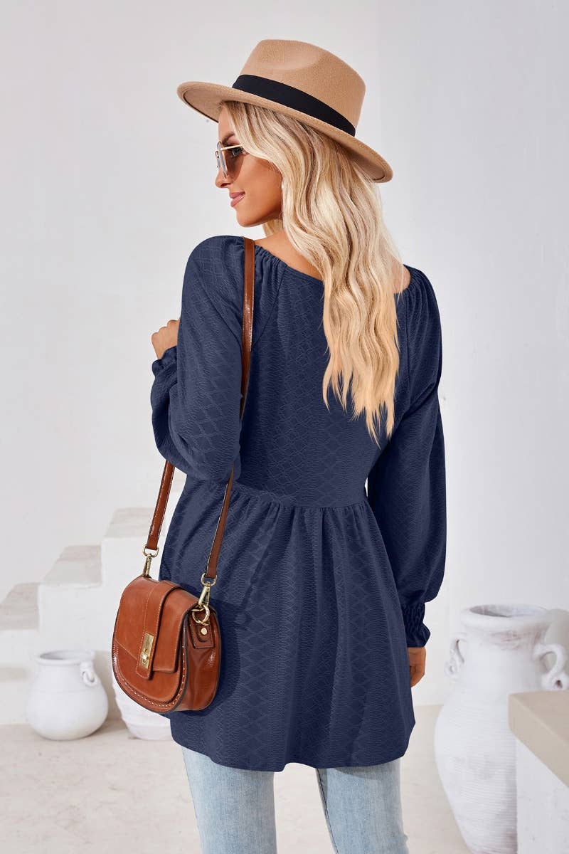 CWTBLL2817_SOLID COLOR PATCHWORK LONG-SLEEVED TUNIC