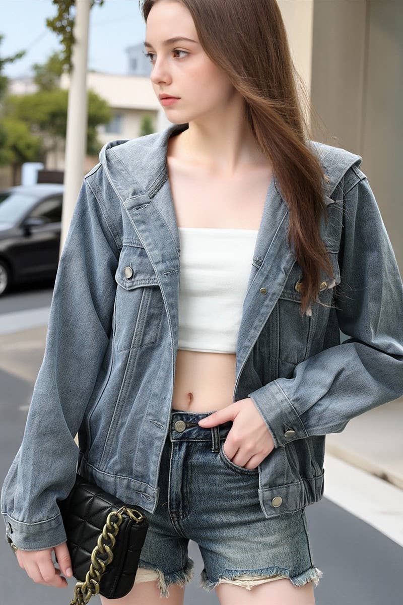 CWJJ00097_WASHED HOODED CASUAL DENIM JACKET TOP