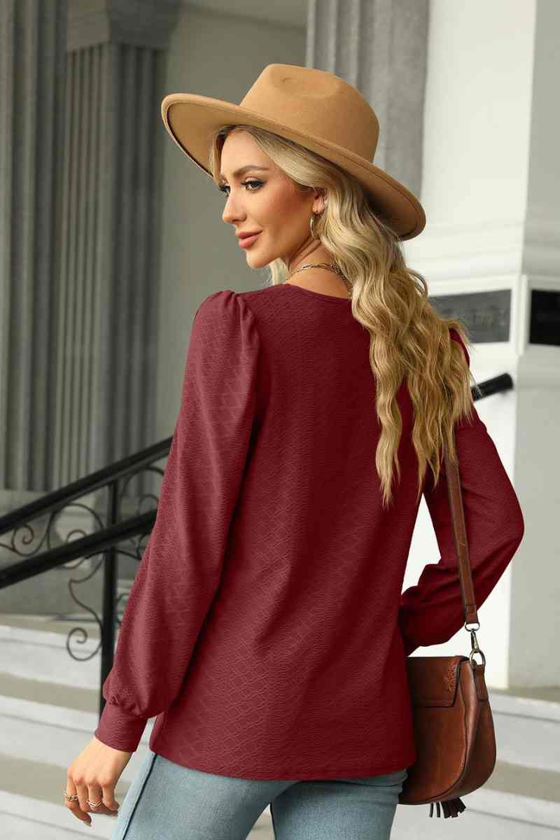 CWTBLL2832_AUTUMN SQUARE NECK JACQUARD LONG-SLEEVED TOP
