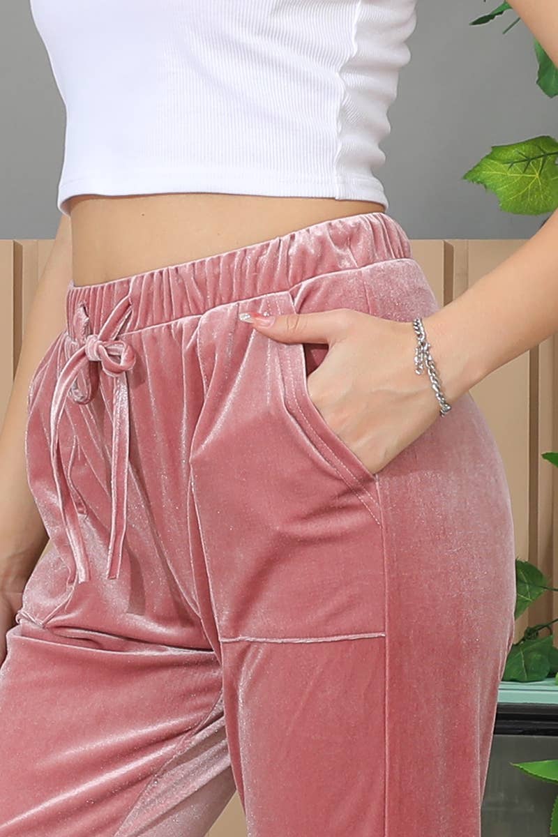 CWBLP422_WAIST TIE BAND CASUAL VELVET LONG TRACK PANTS