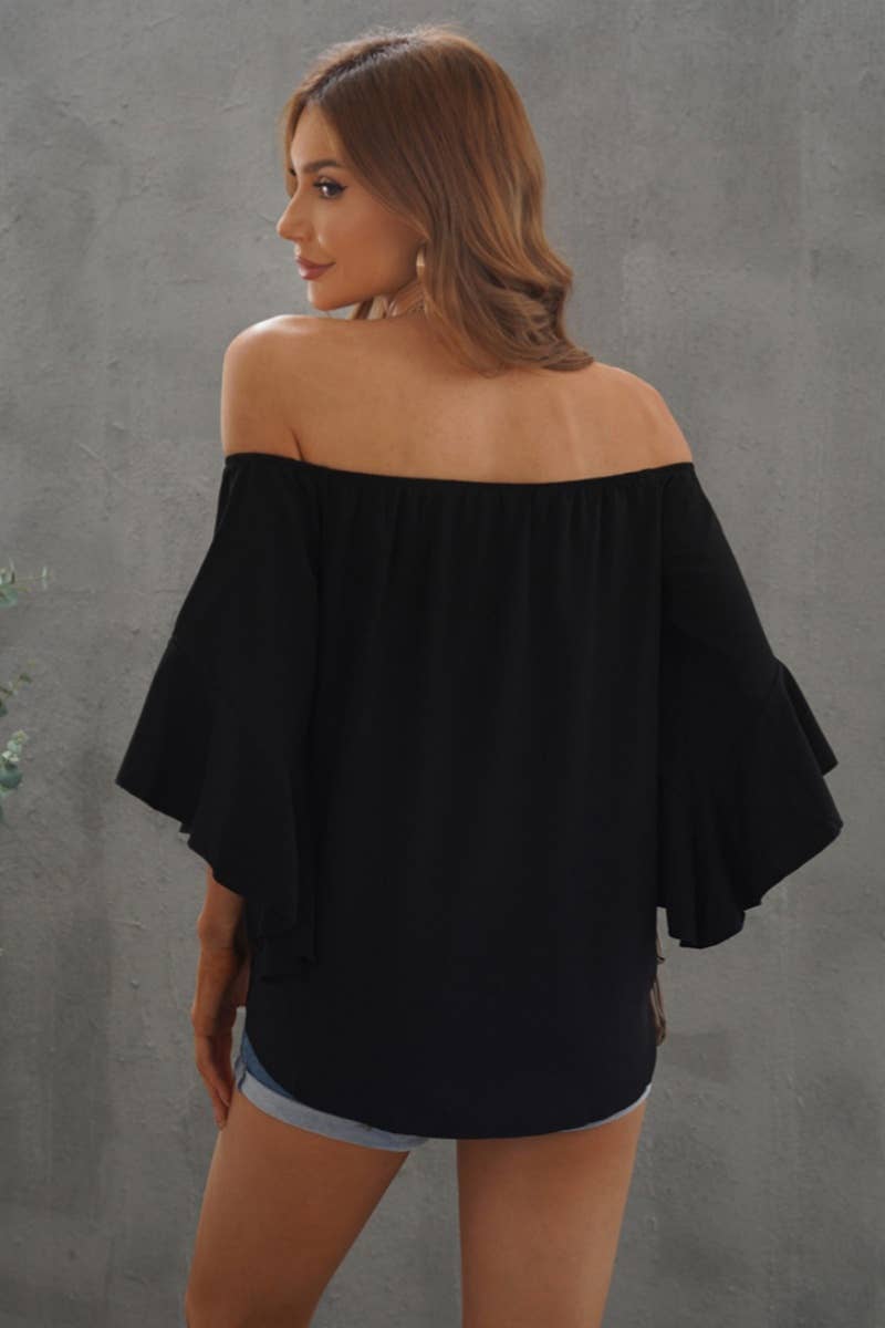 CWTBLS1342_ONE-SHOULDER CHIFFON SEVEN-QUARTER SLEEVE TOP