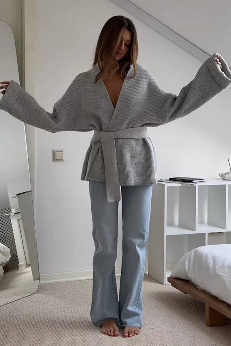 CWOCAL2240_SOLID COLOR LACE-UP LOOSE ROBE KNITTED CARDIGAN