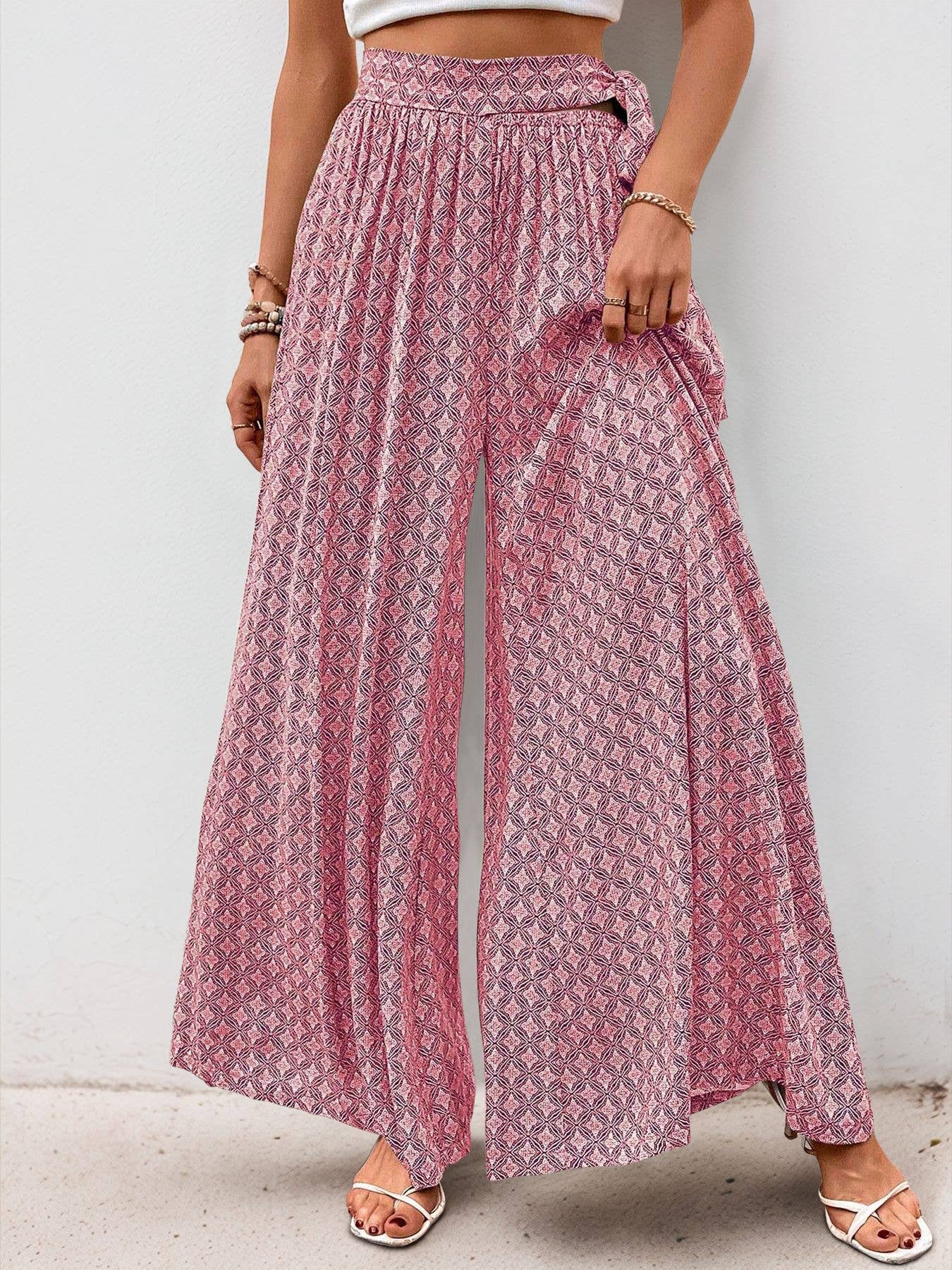 Casual lace-up geometric print flared pants