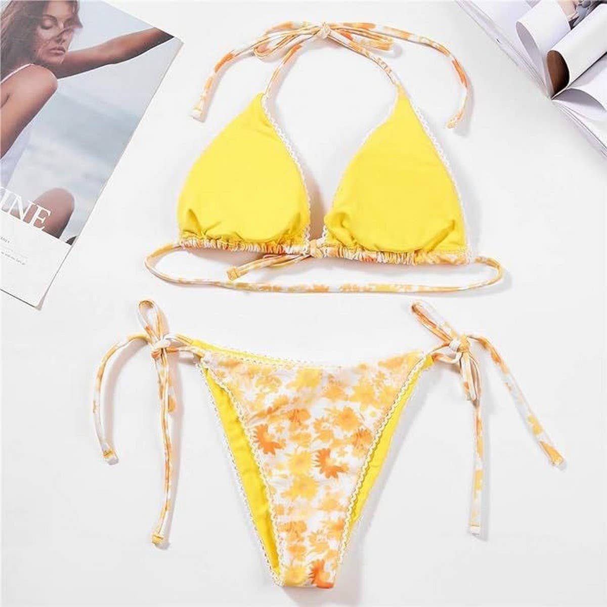 FLORAL DEEP V PUSH-UP BIKINI TWO-PIECE SWIMSUIT
