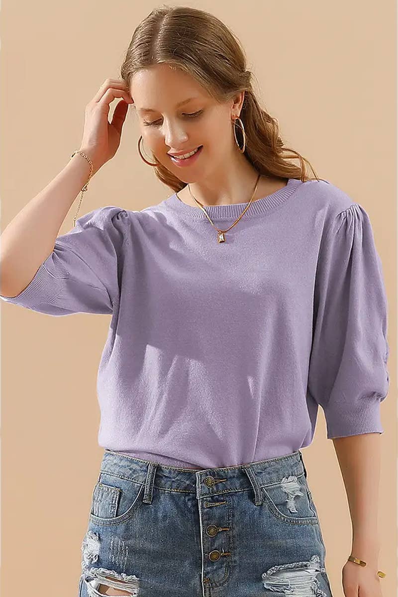 CWTTS1310_SPRING AND SUMMER ROUND NECK PLEATED SWEATER