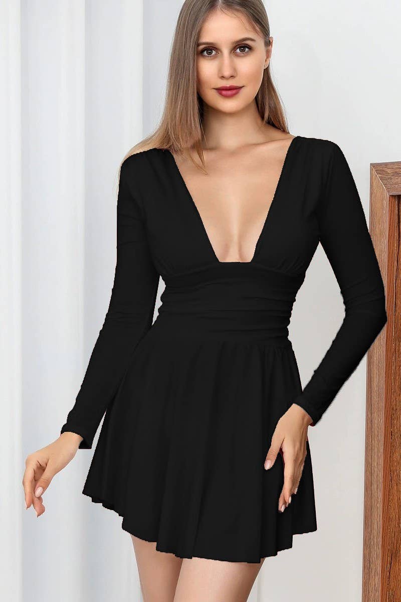 AUTUMN WINTER DEEP V PLEATED BODYCON DRESSCWDSD10783