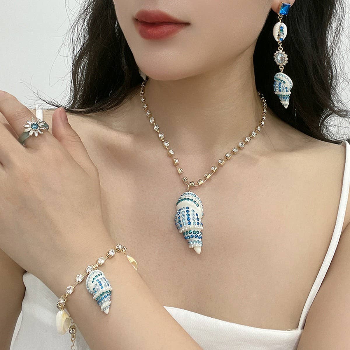 BEACH TRAVEL FASHION DIAMOND NECKLACE JEWELRY SET_CWAJE2914