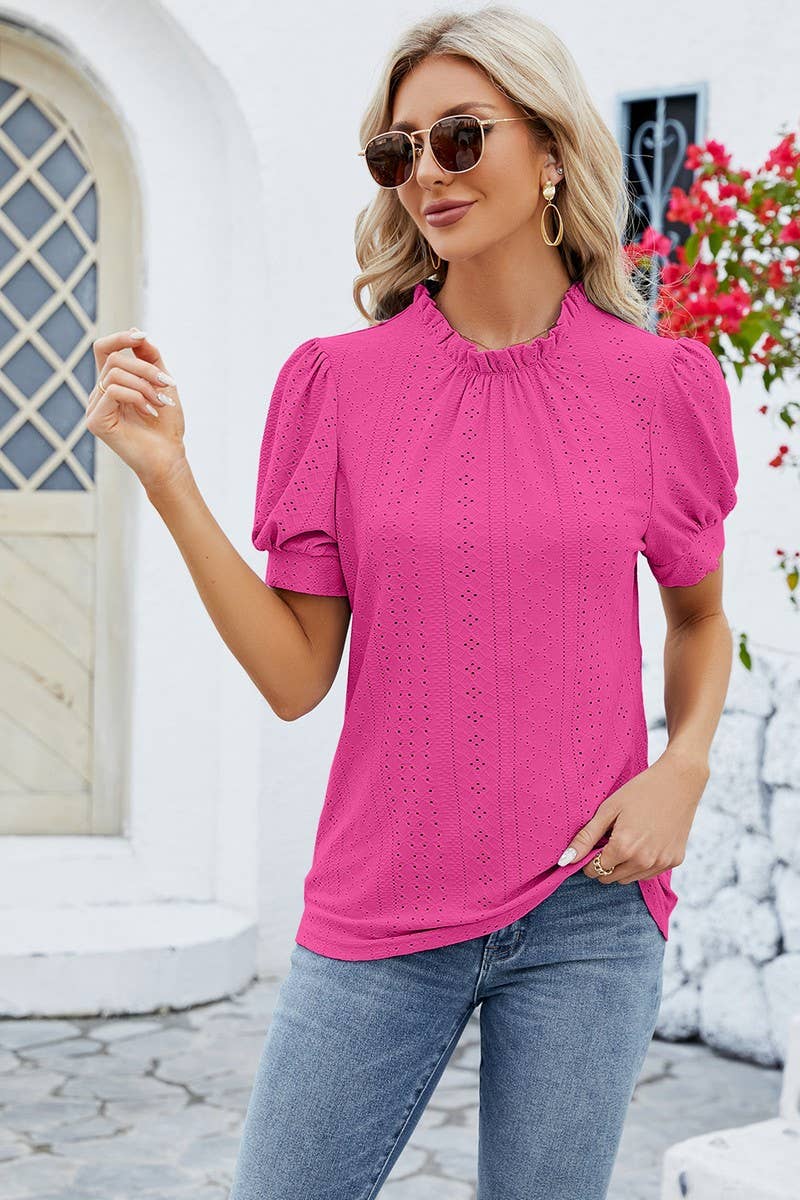 CWTSTS0364_PUFFY SLEEVE LOOSE HOLLOW-OUT PLEATED T SHIRT