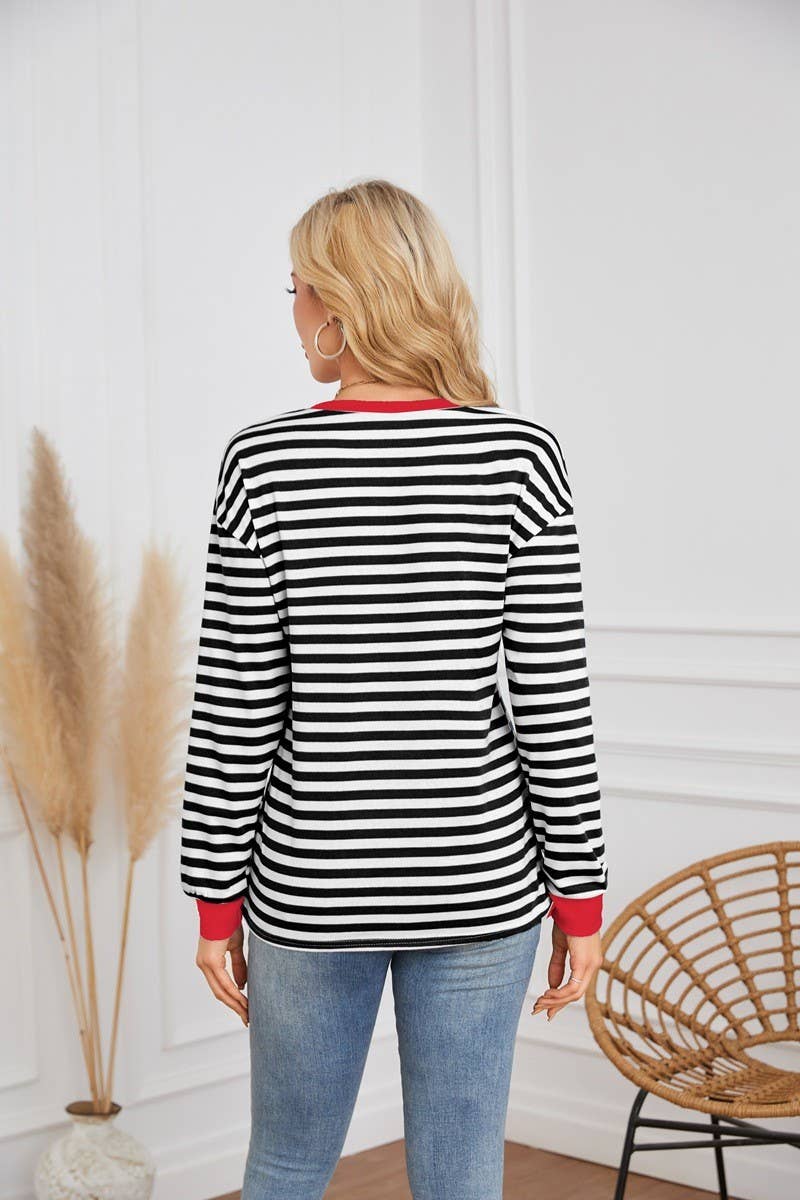 CWTBLL4109_STRIPED ROUND NECK LONG SLEEVE CASUAL TOP