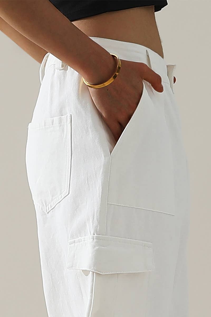 CWBLP421_Cargo Cotton Pants Wide Leg Casual Pants 4 Pockets