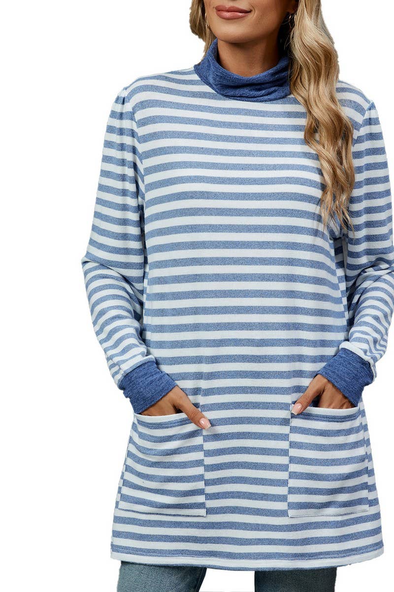 CWTBLL2357_HALF TURTLENECK STRIPED KNITTED LONG SLEEVE TOP